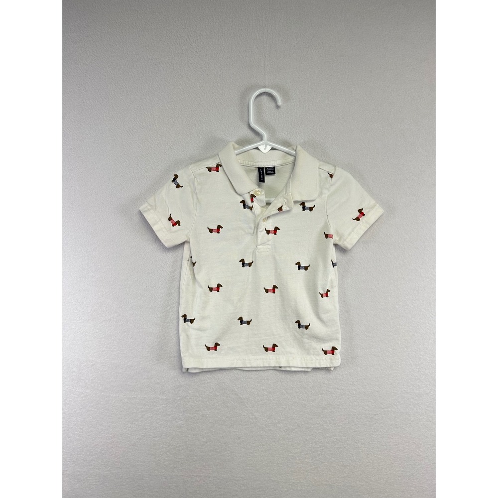 Janie and Jack Kids White Dachshund Print Short Sleeve Polo Shirt Toddler 18-24M